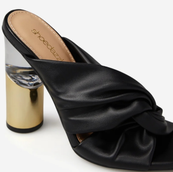 Block High Heels Slip-on Sandal. Black and Gold. Spring, Summer. Faux Leather. - Picture 4 of 7